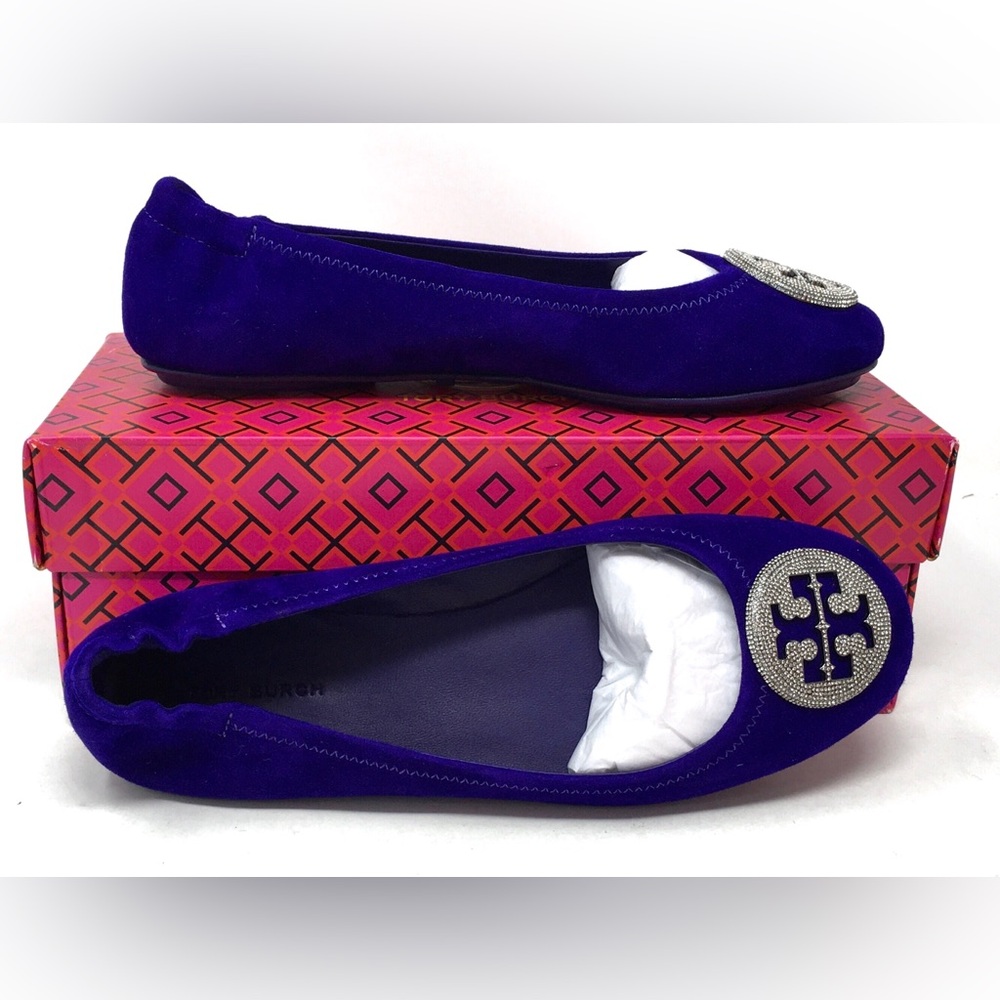 Tory Burch Deep Purple Crystal Pavé Minnie Travel Ballet Flat Shoes - Picture 13 of 16